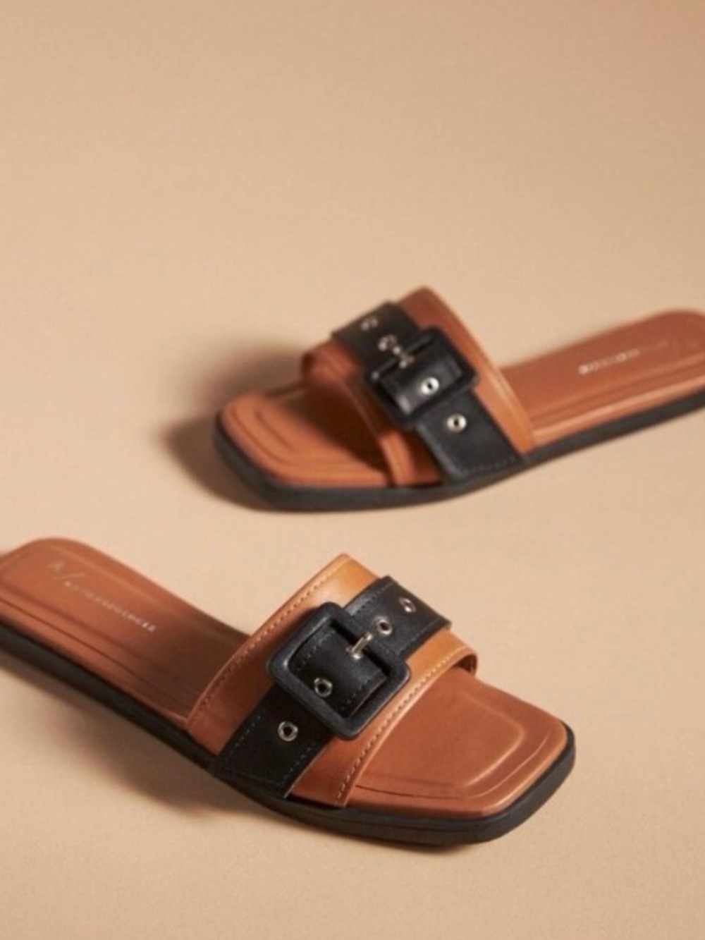 Anthropologie Brown and Black leather buckle slide sandals size 8 (38)